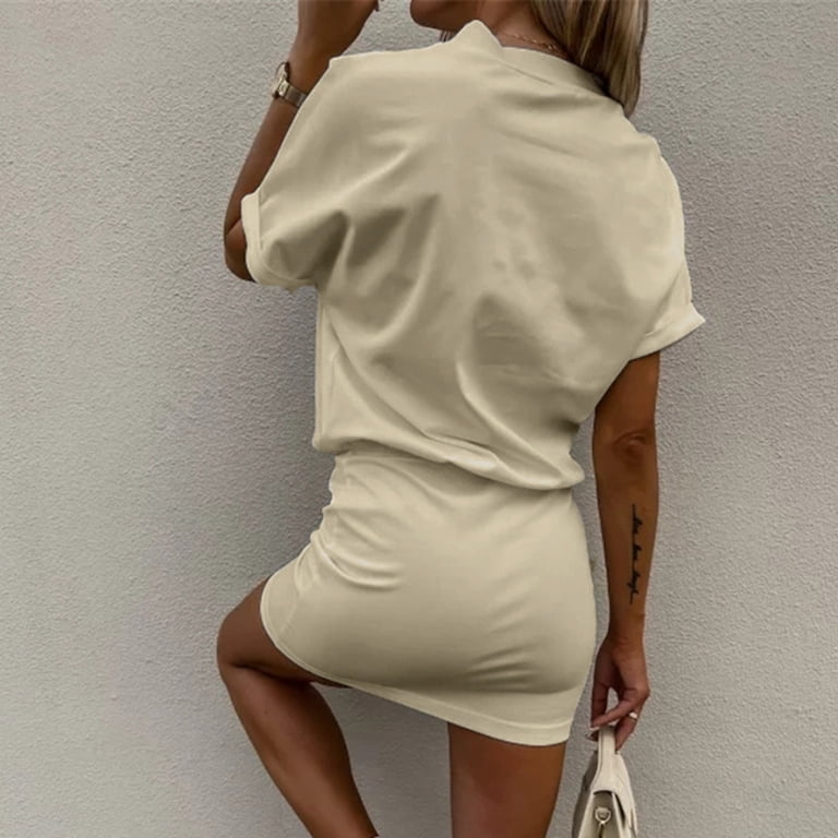 safuny Women's Mini Blouson Dress Solid Color Beach Clothing Summer Short  Sleeve Crew Neck Dress Elegant Casual Comfy Retro Boho Holiday