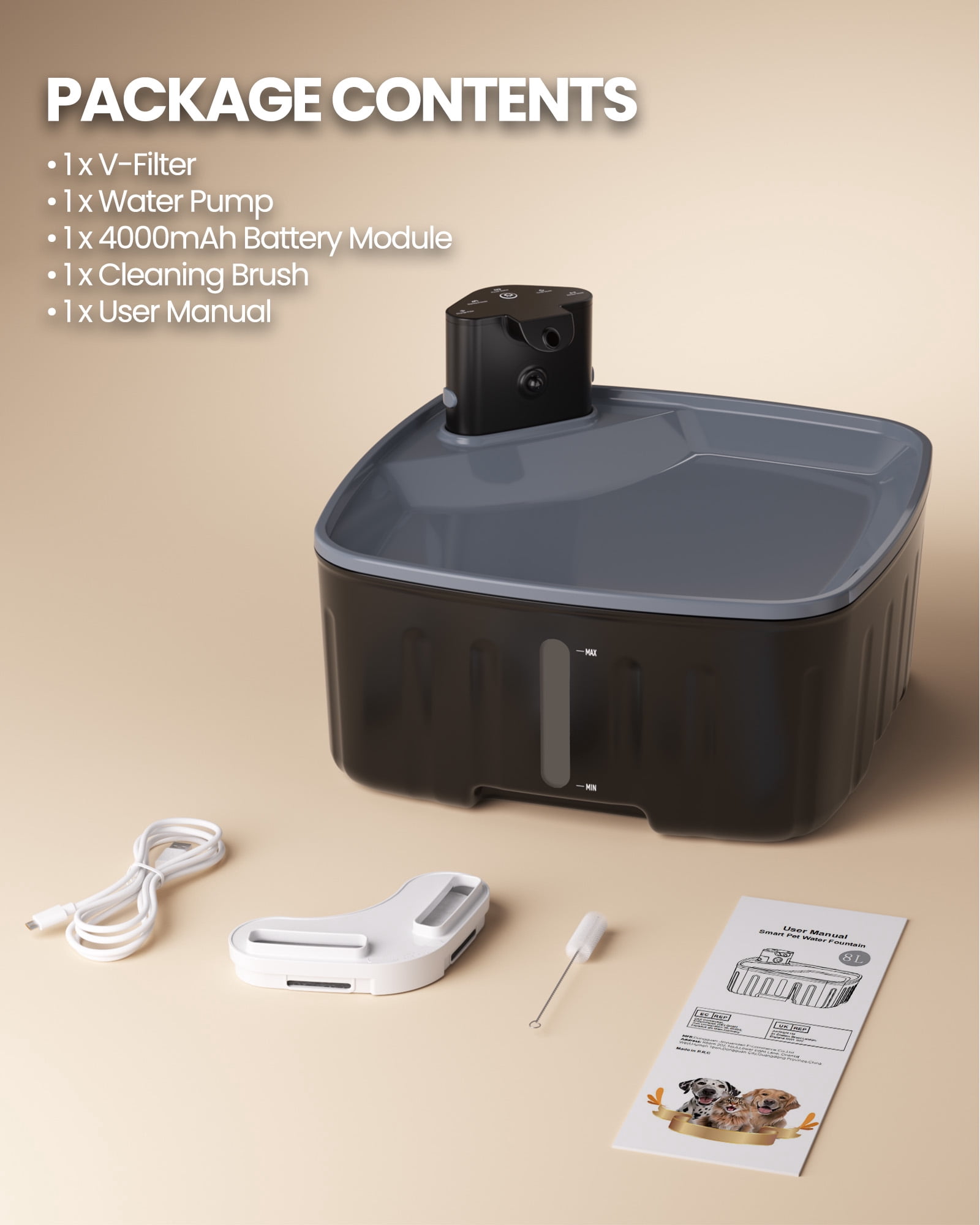 FURCLAN Pet Water Fountain Wireless Dog Water Fountain Dispenser with 4 Flow Modes and Replacement Filter 2.2Gal 8L Extra Large Capacity Cat Water Fountain for Cats and Dogs Black