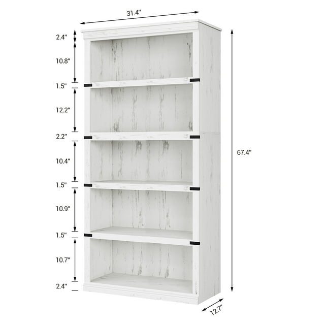 Estantería farmhouse de oficina de 5 niveles – Librero abierto alto de madera para almacenamiento y exhibición – Resistente y amplia – Color blanco antiguo – 80x32x171,2 cm