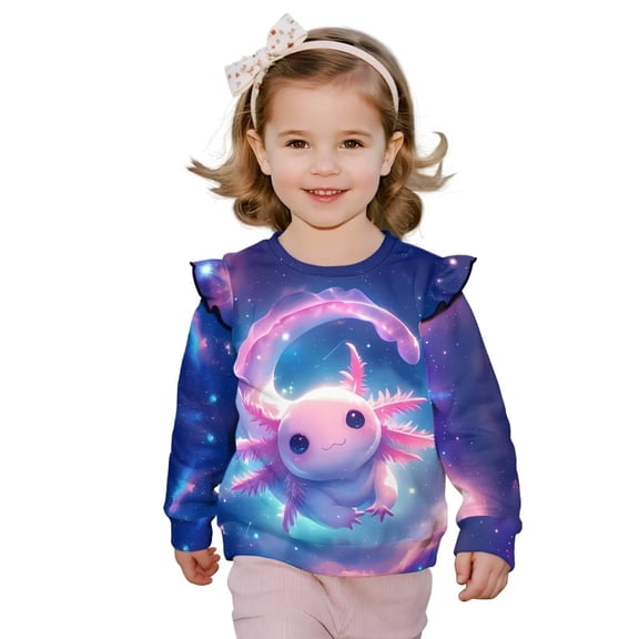 Yuyamidu Galaxy Axolotl Sweatshirt for Toddler Girls 1T 2T Cute Graphic Crewneck Sweatshirts Soft Lightweight Long Sleeve Ruffle Shoulder Pullover Tops for School Outdoor Play