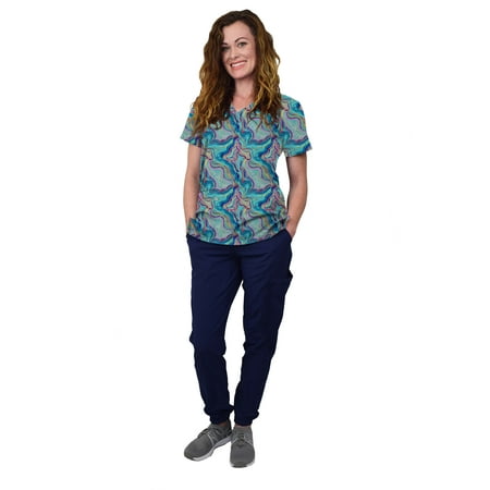 

Womens Medical Nursing Scrub Set GT 4FLEX Print Top and Jogger Pant-Feel The Waves/Navy Pant-Small