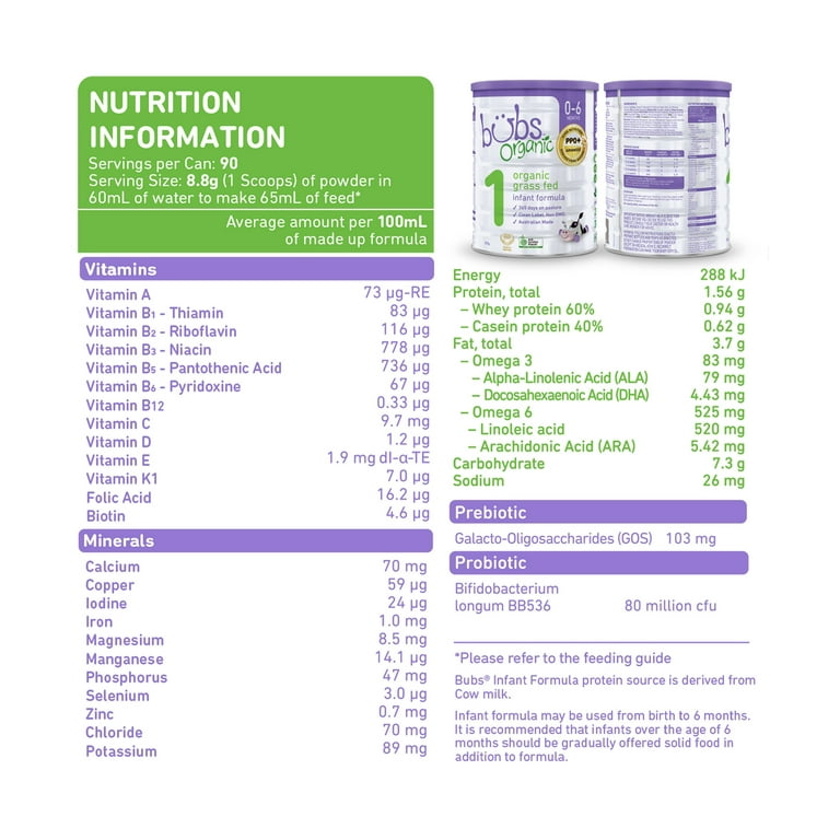 Bubs Organic® Grass Fed Infant Formula Stage 1, 800g (0-6
