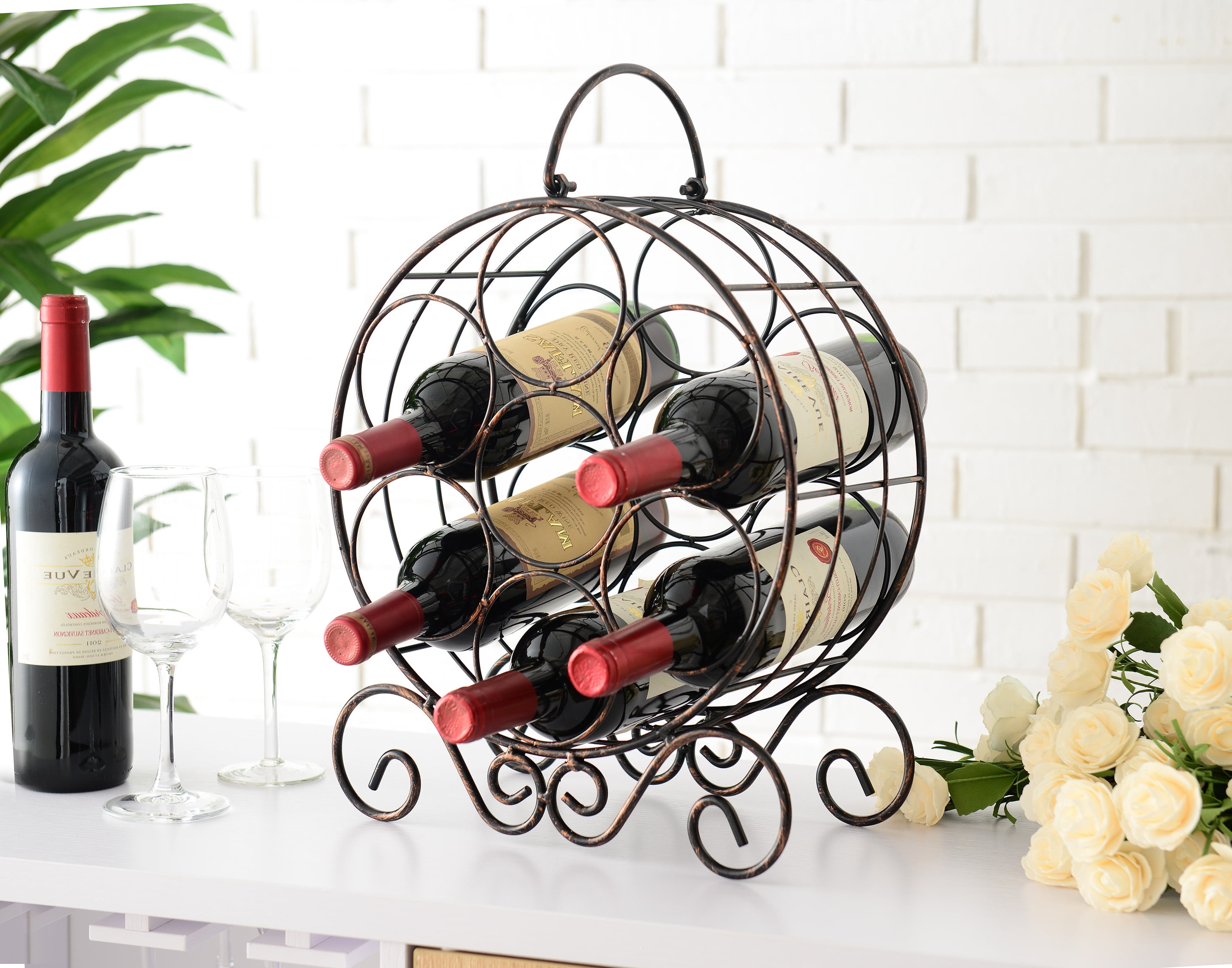 Jaden 7 Bottle Countertop Wine Holder Display Rack, Copper Iron