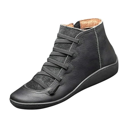 

Boots for Women Casual Flat Leather Retro Lace-Up Boots Side Zipper Plus Shoe Boots
