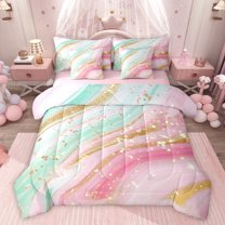 Feelyou Luxury Abstract Ombre Bedding Comforter Set 7pcs, Pink Green Stripes Queen Bedding Sets, Bling Marbling Stripes Reversible Queen Sheet Sets, Microfiber Bedroom Decor
