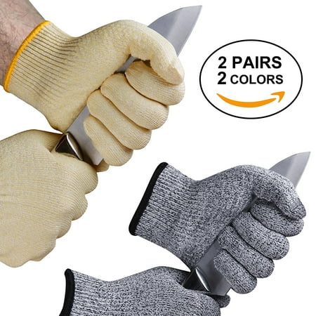 2 Pairs EVRIDWEAR Cut Resistant Gloves With Silicone Grip Dots, Food Grade Level 5 Safety Protection Kitchen Working Kevlar Gloves For Cutting, Slicing and Garden works (Yellow + Gray)
