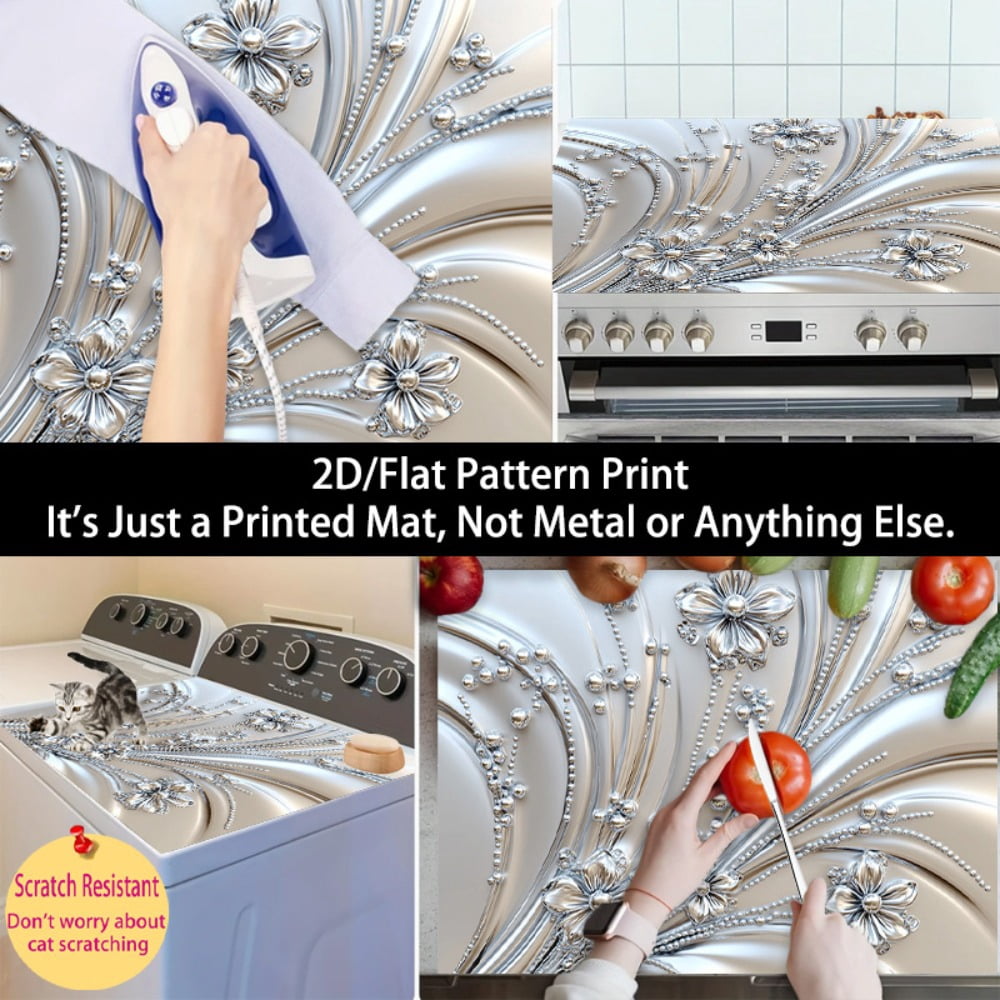 1 2D/flat stove cover protection pad, silver flower bead pattern design, 28.3x20.5 inches (72×52cm), easy to clean, perfectly suitable for any kitchen, washing machine, dryer, stove panel protection