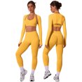thumbnail image 2 of IDOPIP Workout Sets for Women 3 Piece Long Sleeve Shrug with Seamless Halter Sports Bra High Waist Leggings Gym Yoga Active Outfits S Yellow, 2 of 7