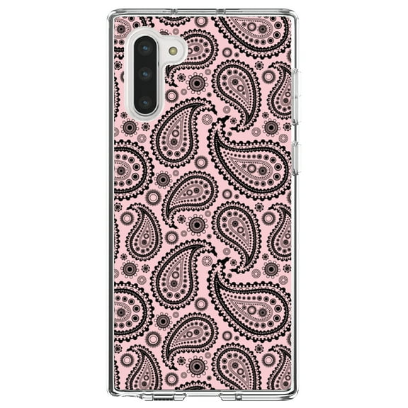 DistinctInk Clear Shockproof Hybrid Case for Samsung Galaxy Note 10 (6.3" Screen) - TPU Bumper, Acrylic Back, Tempered Glass Screen Protector - Black & Pink Paisley