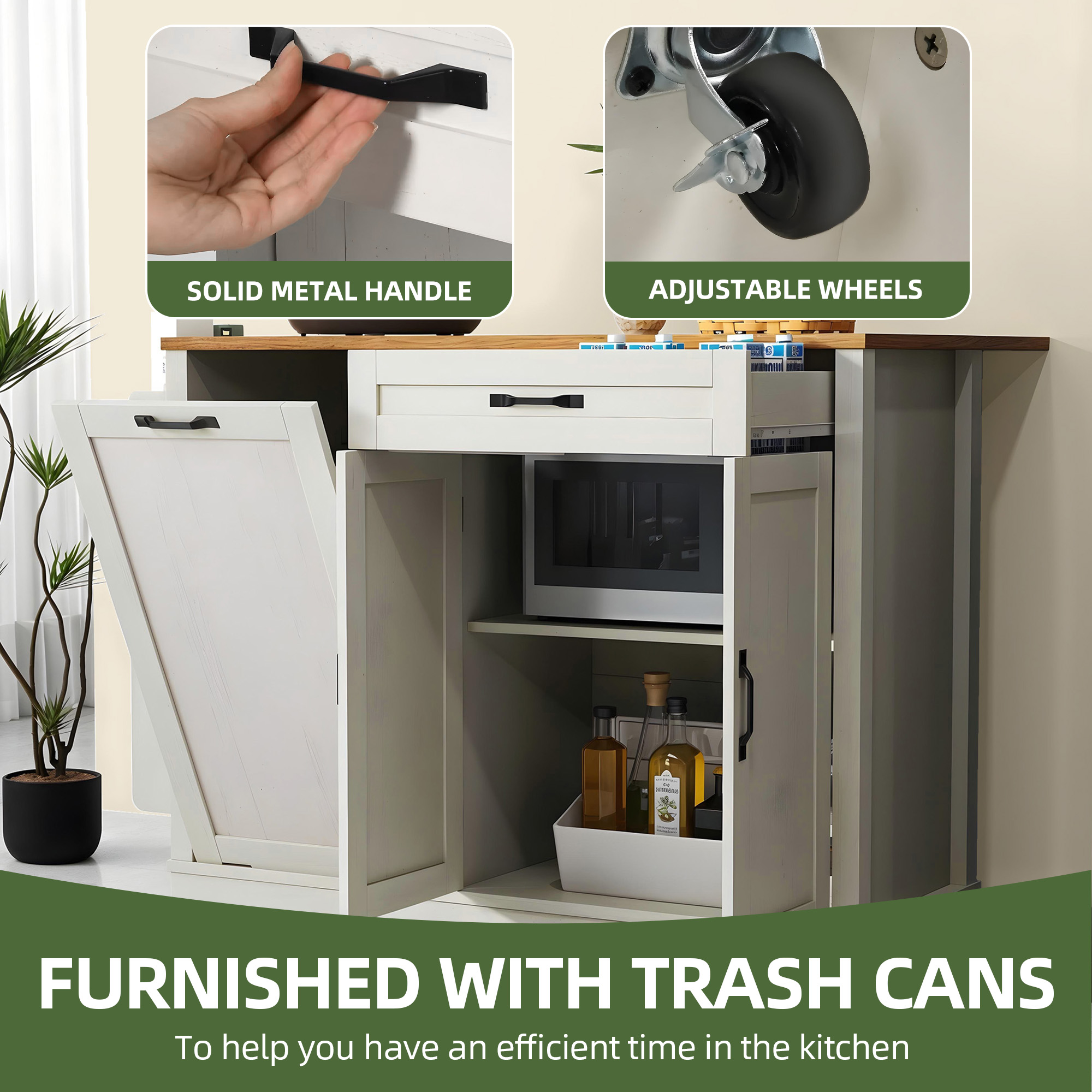 Uforic Kitchen Island Table with Drop Leaf & Wheels, Kitchen Island Cart with Trash Storage, White