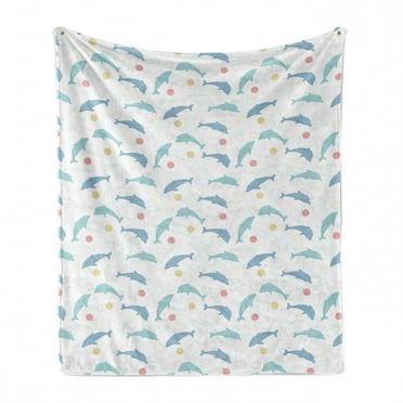 Dolphin Soft Flannel Fleece Throw Blanket, Rhythmic Playful Big Fish with Balls in Outline Style and Pastel Colors, Cozy Plush for Indoor and Outdoor Use, 70" x 90", Multicolor, by Ambesonne