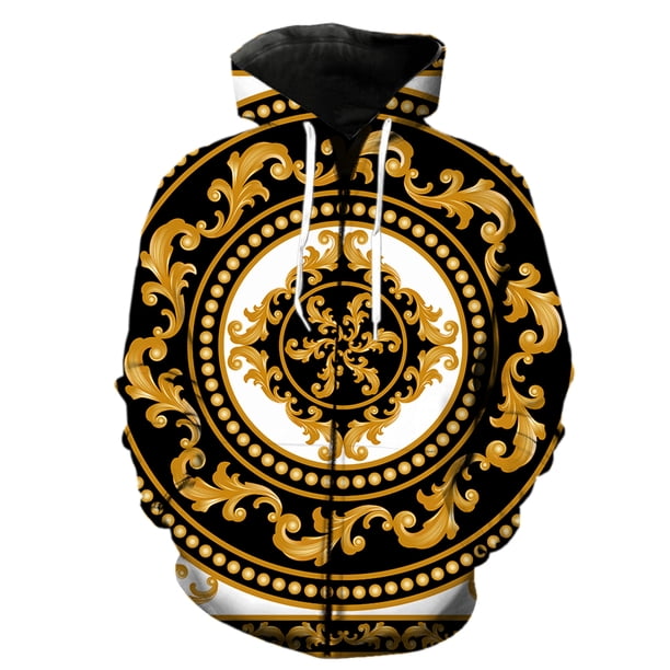 Sudadera con capucha y cremallera de lujo con estampado dorado para hombre, estilo informal, estilo Harajuku, estilo hip hop, con estampado 3D, para adolescentes, divertida, de primavera