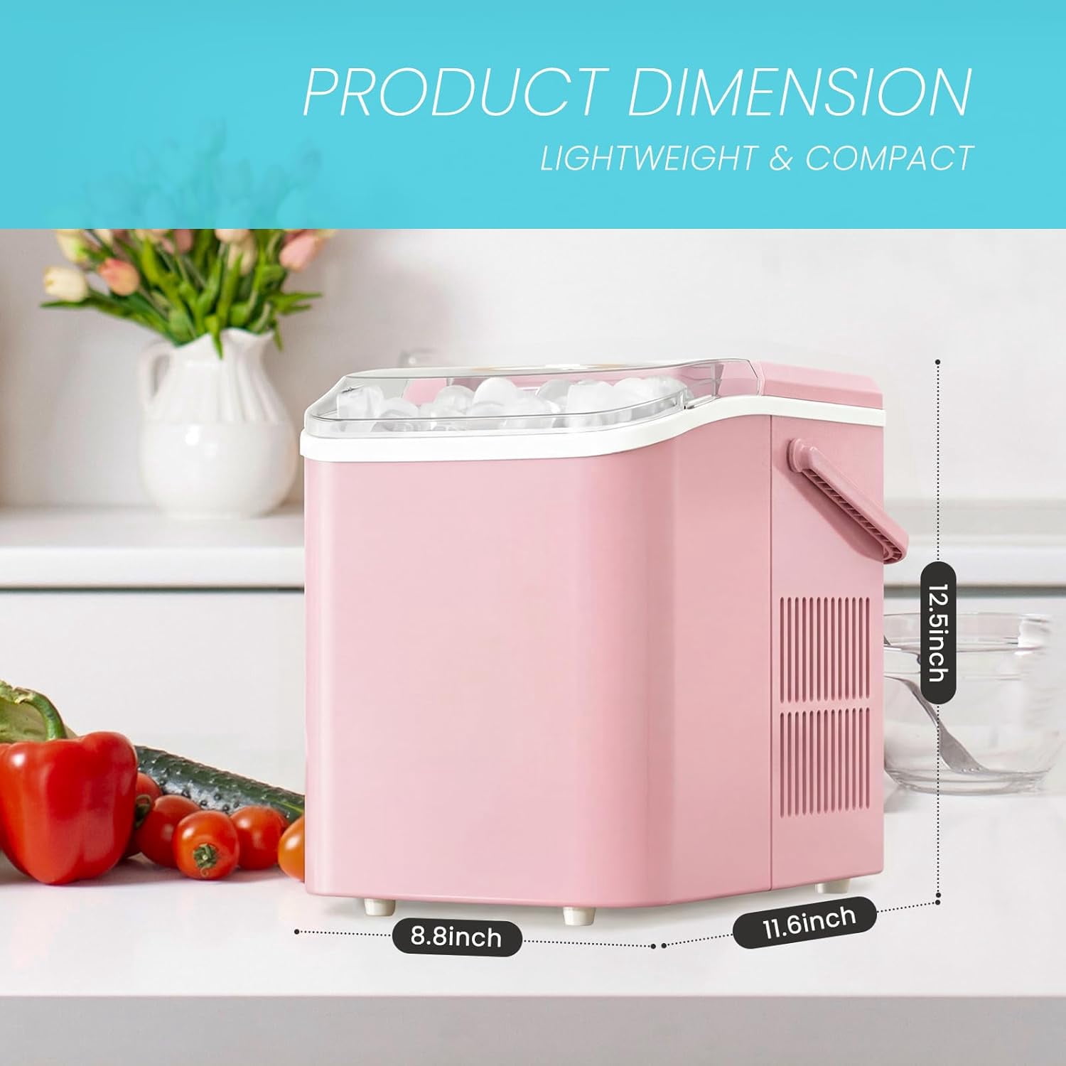 Portable Ice Maker Countertop Machine, Makes 9 Bullet Ice Cubes in 6 Minutes, 26lbs Daily, Auto-Cleaning, with Handle and Basket, for Home Kitchen RV Camping, White
