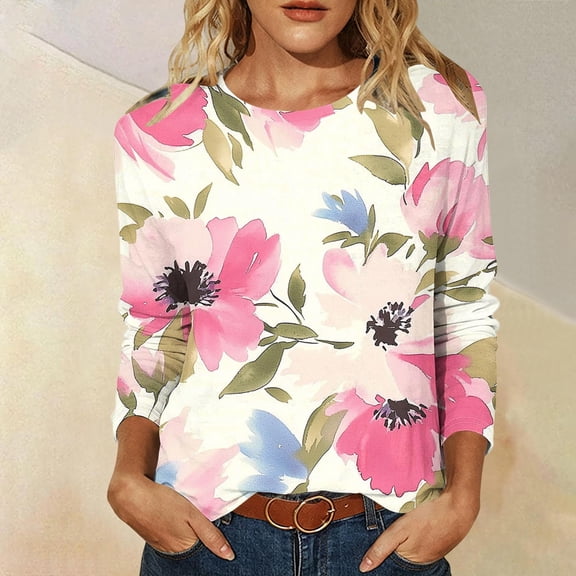 Uootdi Womens Tops Crew Neck Long Sleeve Flower All Over Print Long Sleeve Tee for Women Oversized Fresh Botanical Womens Tees