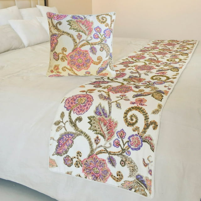 The HomeCentric King / Queen / Twin White & Pink Designer Queen 74"x18" Bed Runner WITHOUT Pillow Cover, Floral, Printed, Sequins, Beaded, Embroidery & Handmade Bed Scarf on Cotton fabric - Aster