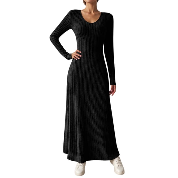 DHFJKG Womens Sweaters Dress Knit Ribbed V Neck Long Sleeve Slim Fit Maxi Dress Winter Pullover Tunic Ankle-Length Cozy Dresses