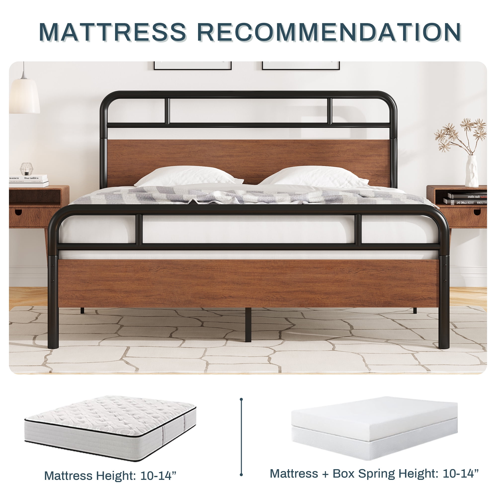 Einfach Queen Size Heavy Metal Bed Frame Headboard and Footboard, Brown