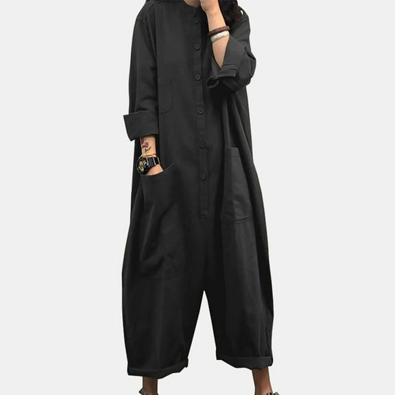 Jumpsuits For Women Fashion Solid Color Cotton Linen Long Sleeve Jumpsuit With Pockets For A Breathable And Comfortable Everyday Look Womens Jumpsuits Dressy