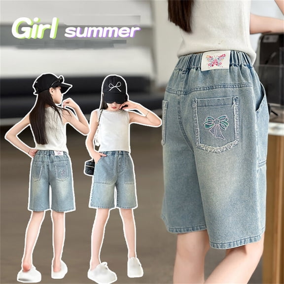 Cute Jeans Shorts for Girls Summer Strawberry Embroidery Raw Hem Elastic Waist Denim Shorts Tween Stretch Soft Jorts