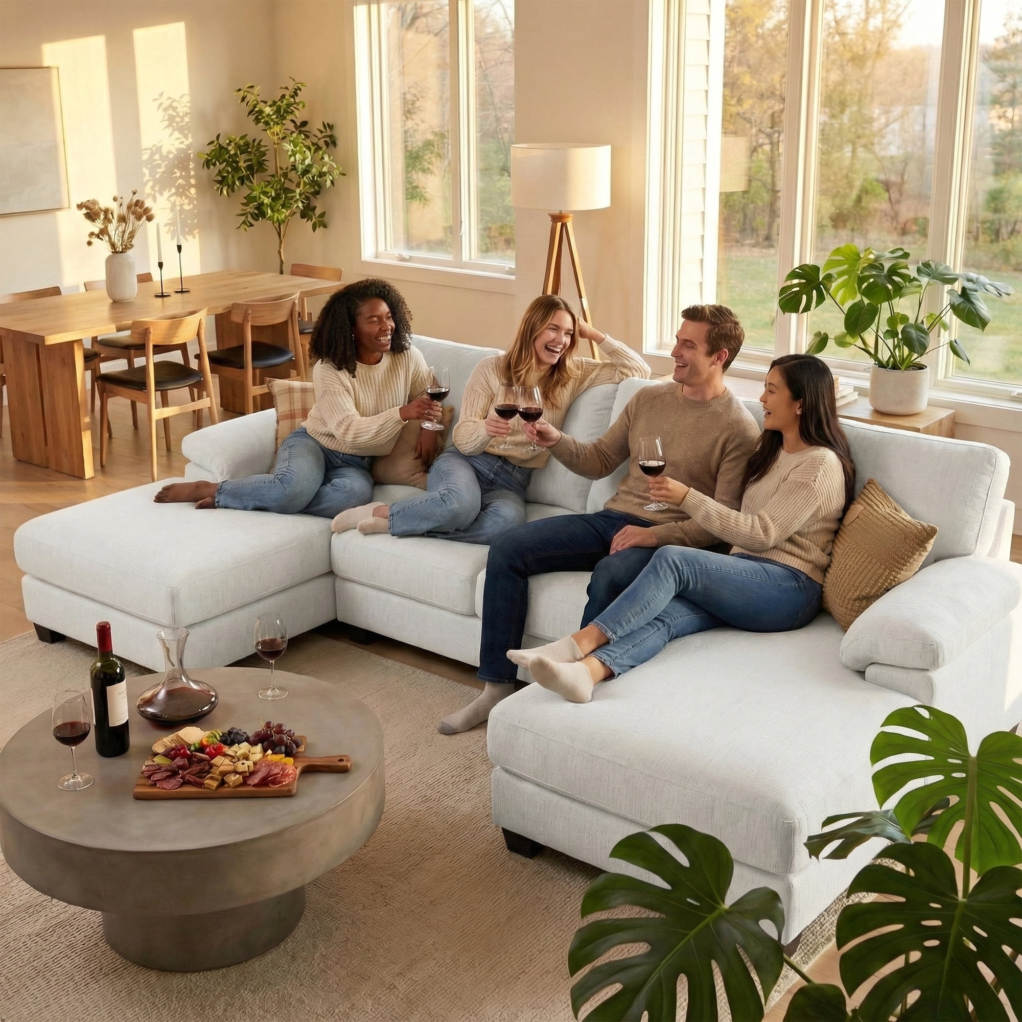 Vineego 105" U-Shaped Sectional Sofa with Double Chaise 4-Seat Modular Sofa Couch for Living Room,Chenille White