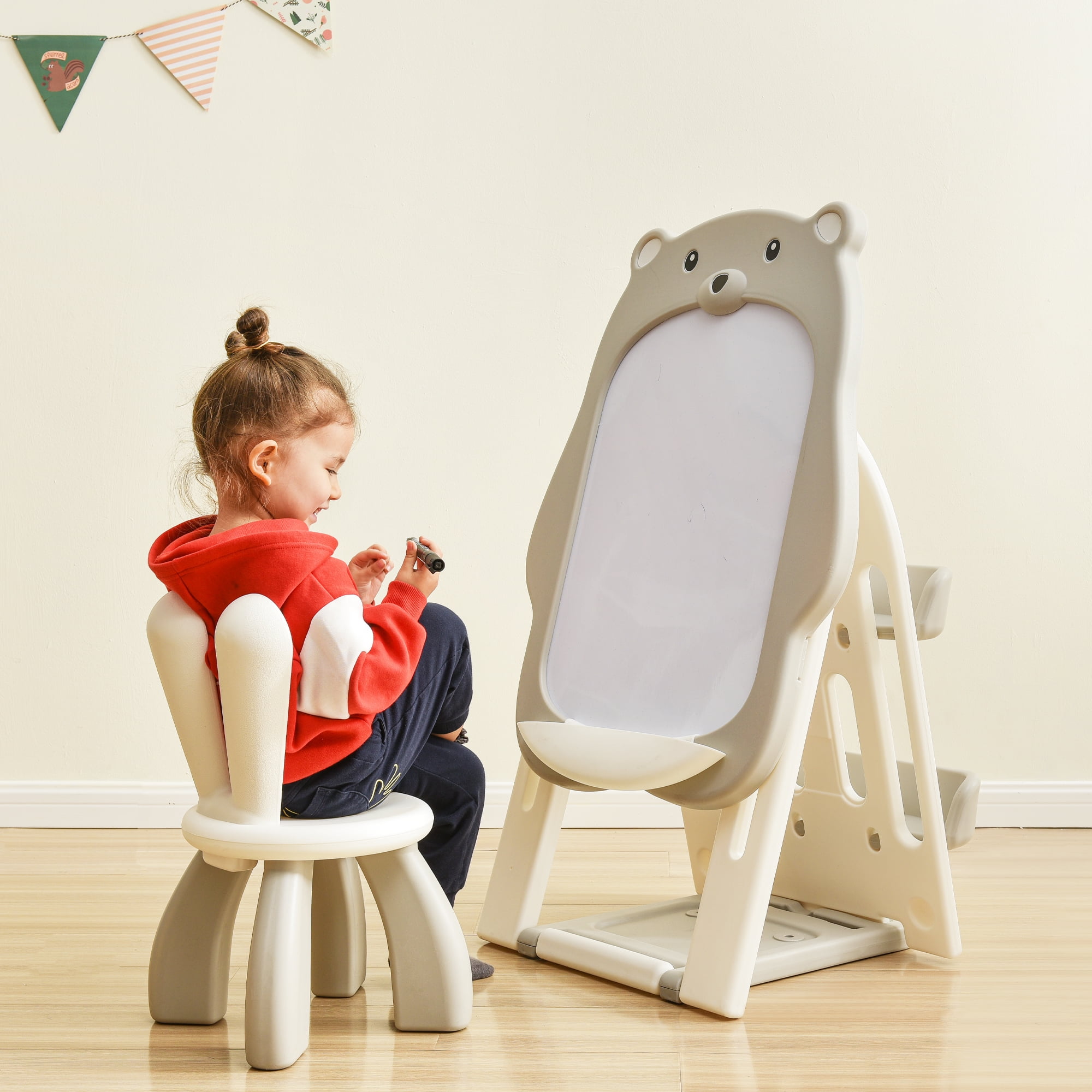 Folding Kids Art Easel with Stool and Adjustable Whiteboard, Standing