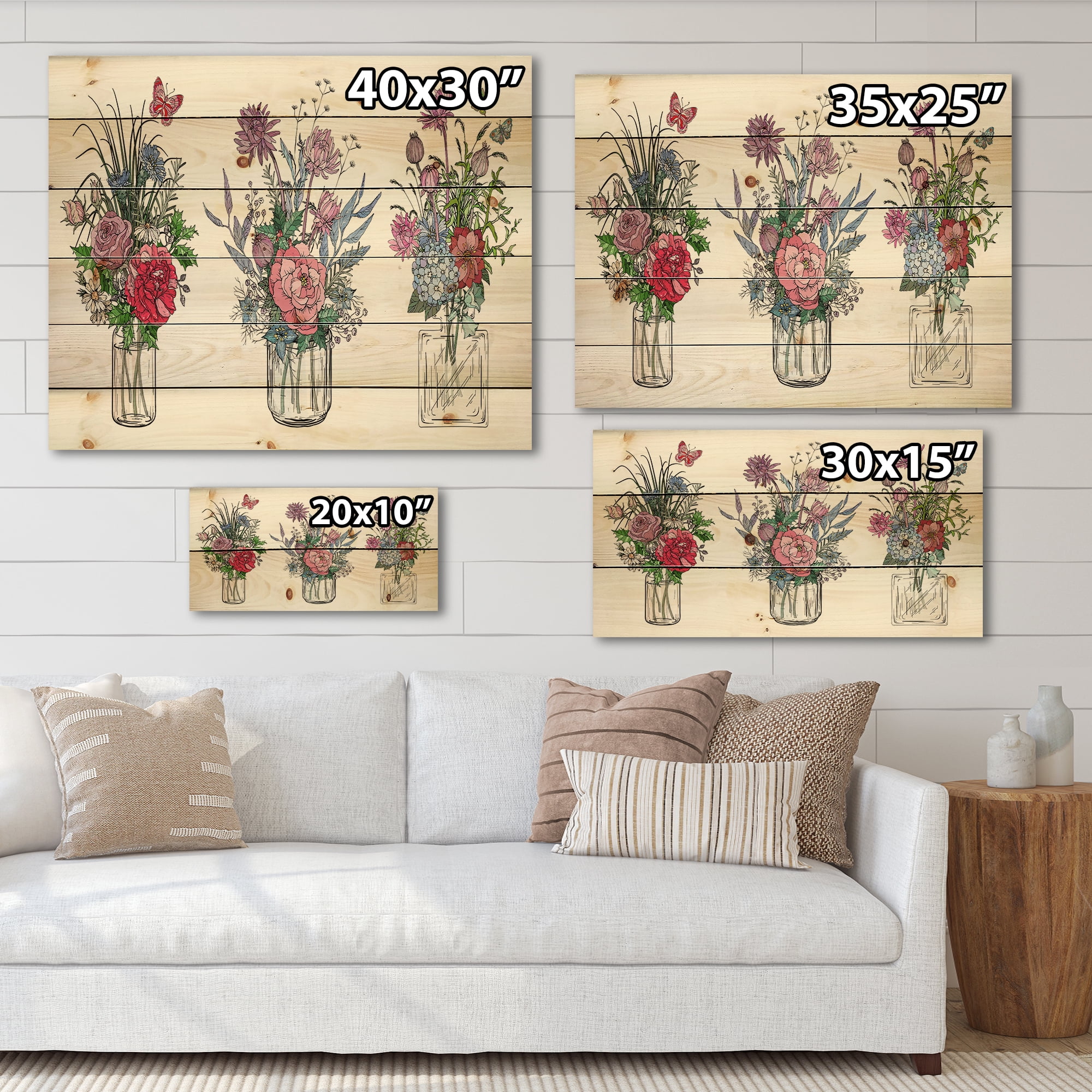 Designart 'Transparent Vases With Bouquets of Wildflowers I' Farmhouse Print on Natural Pine Wood