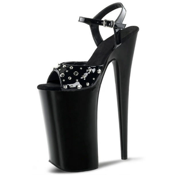Shiny Black Patent Sky High Extreme Studded High Heels with 10 Inch ...