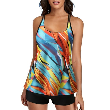 Yanyanz Tankini Swimsuits for Women  Plus Size Tropical Print Cyan Wide Strap Top Swimsuits for Women Two Bathing Suits Long Torso Tank Tops With Boyshorts  Bestselling SwimsuitMulticolorXXL