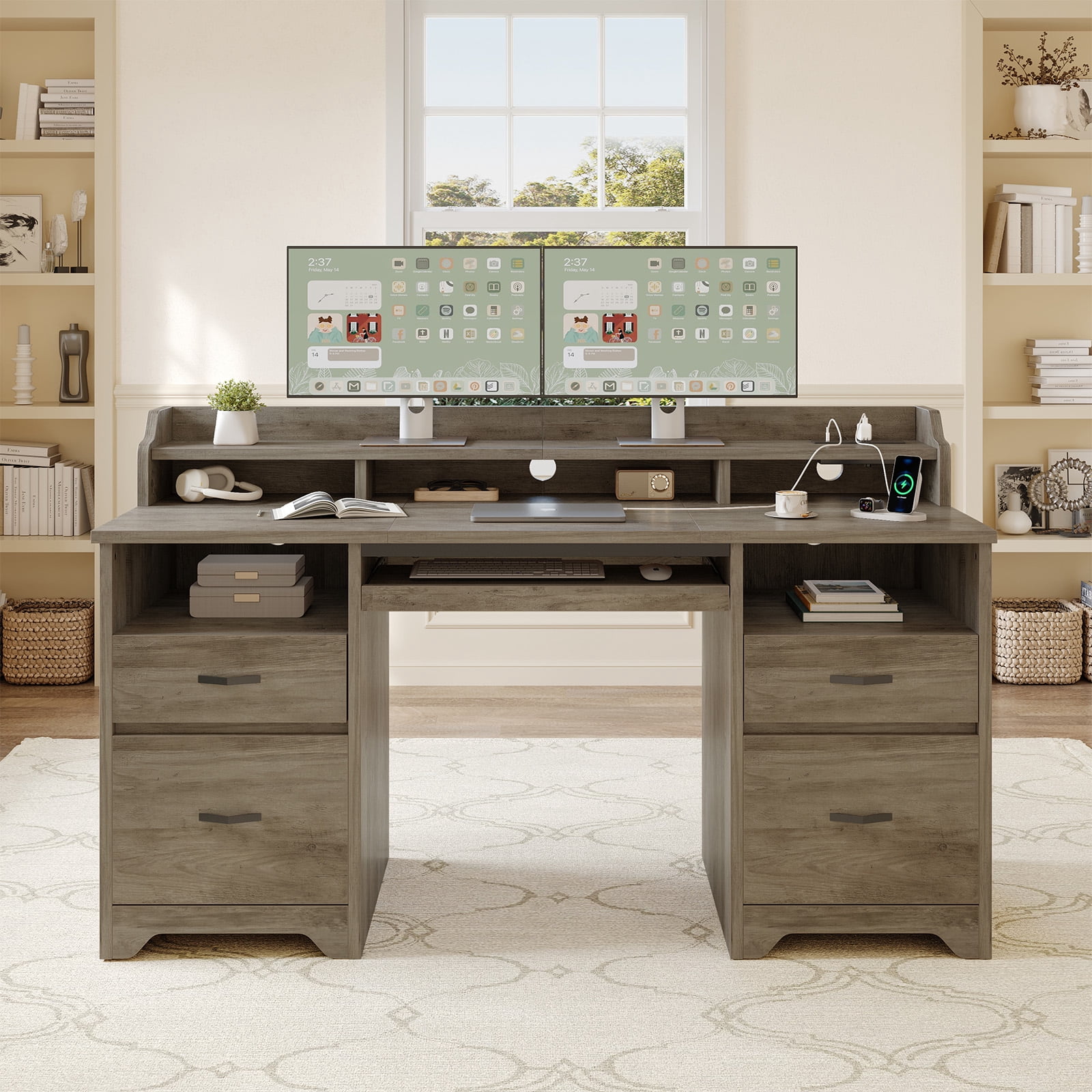Bestier Farmhouse Executive Desk with Drawers, 59" Wood Computer Desk with Charging Station, Home Office Desk with Keyboard Tray & Monitor Stand，File Cabinet Sturdy Desk for Work Study, Gray
