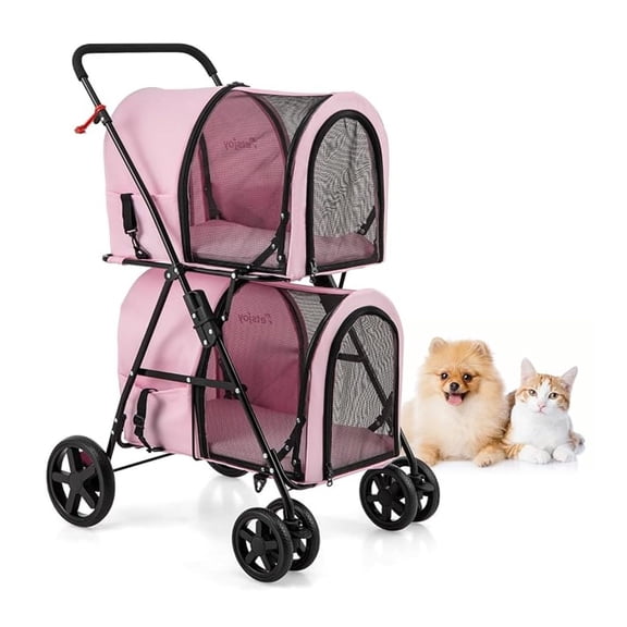 Double Dog Stroller, Foldable Pet Stroller for 2 Dogs & Cats Small Medium Sized with Detachable on Wheels, Ideal for Car Seat Walking Camping Travel (Pink)