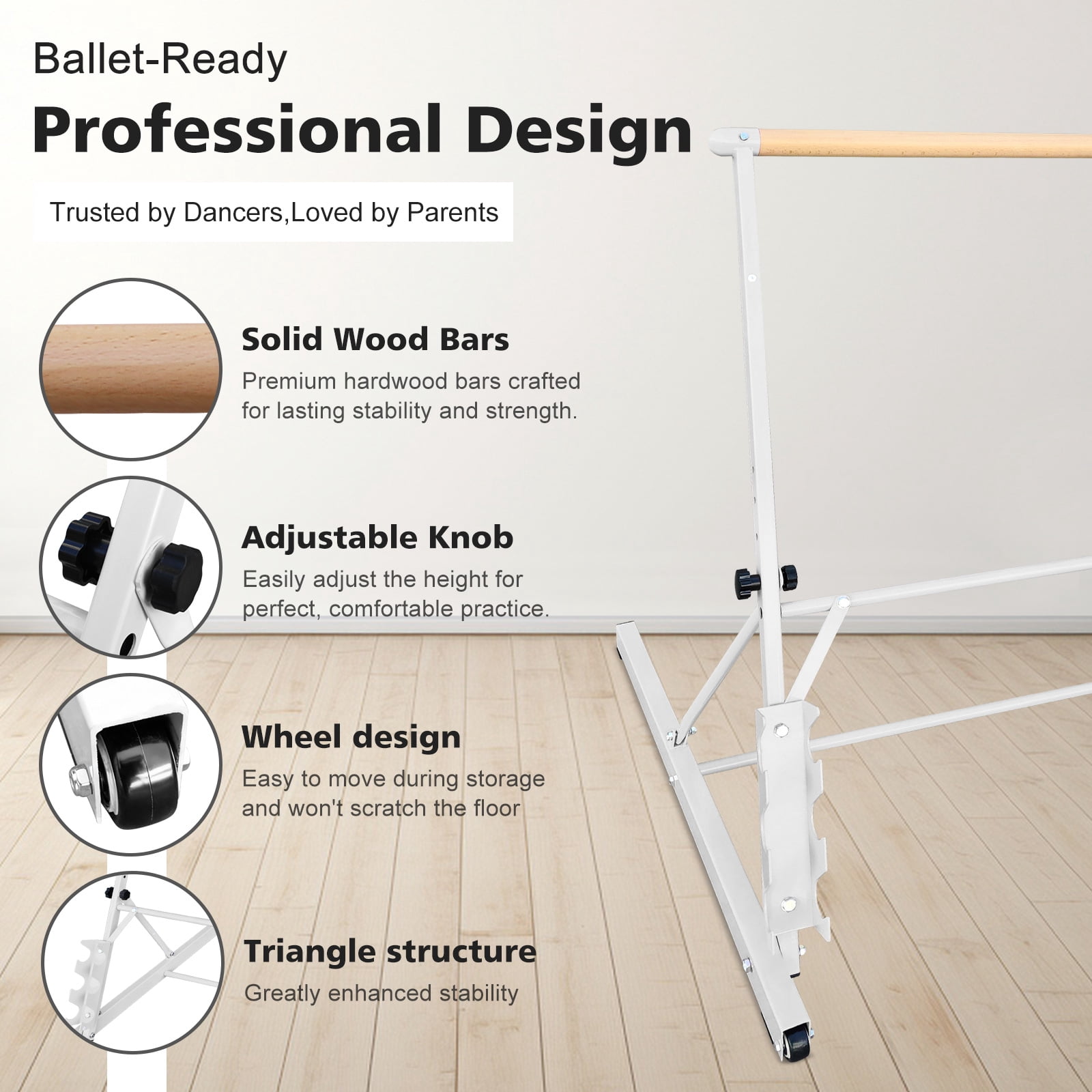 Solid Wood Ballet Barre 3.5FT with Adjustable Height 31.5-39.5 Inches, Portable Dance Practice Barre with Wheels for Home, Studio, Adjustable, White