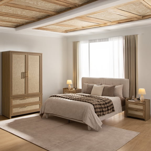 SICOTAS 3-Piece Rattan Bedroom Furniture Set-71"H Wardrobe Closet with 2 Oversized Drawers and Adjustable Shelves, 2-Drawer Nightstand Set of 2 with Charging Station, Natural Oak