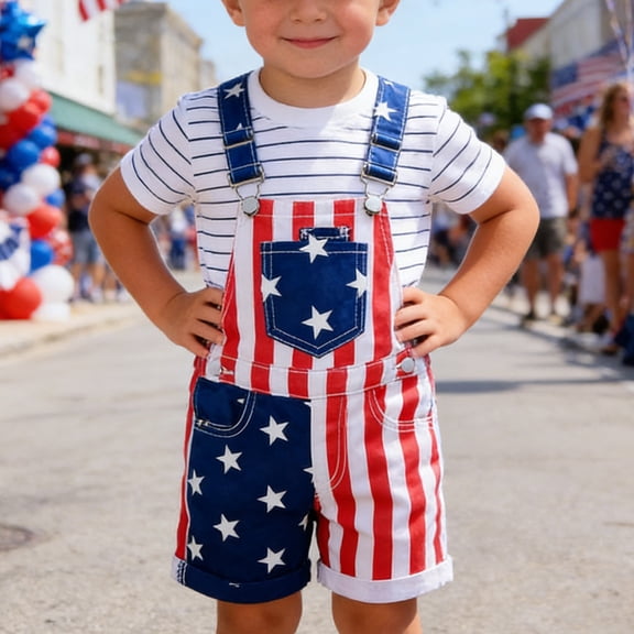 Toddler Boy 4th of July Outfit 1-Piece American Flag Short Set Star Print Overalls Patriotic Summer Clothes for Kids Blue 2-3 Years