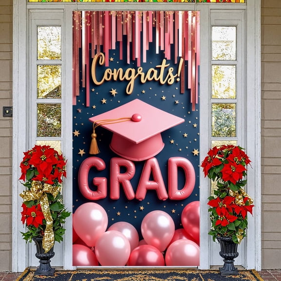 Pink Theme Graduation Banner Gold Glitter Congrats Display Tassel Decor Pink Balloons Grad Backdrop for Graduation Party College Grad Graduation Ceremony