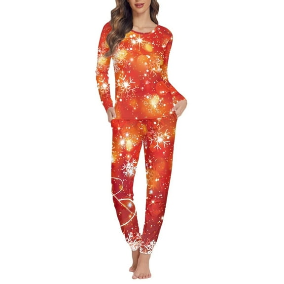 FKELYI 2-Piece Glitter Snoweflake Women Pajama Size M Loose Pullover Pants Loose Sleepwear Casual Long Sleeve Pjs for Women Set Christmas Gift