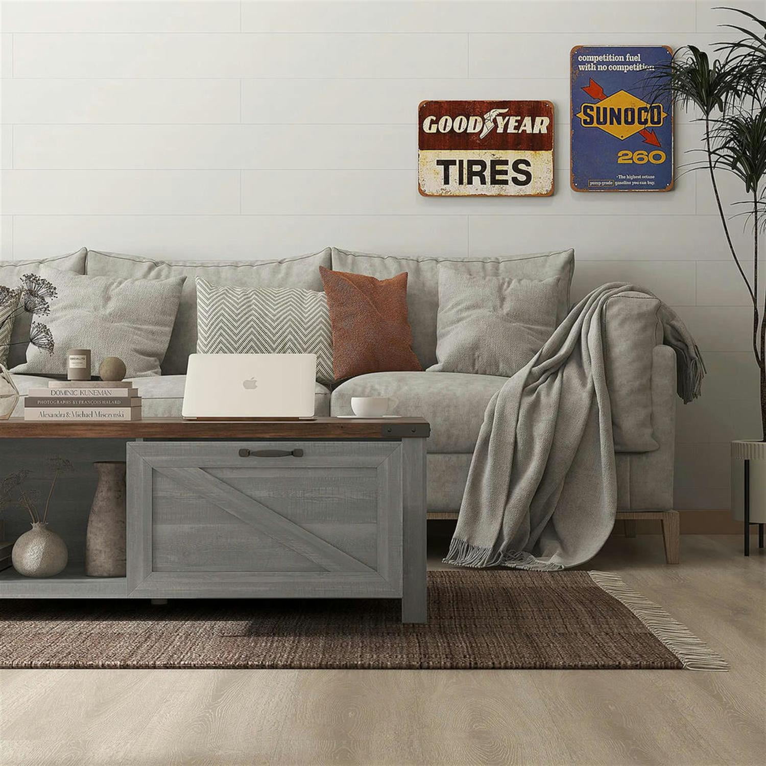 Demi Bonn 46" Rustic Coffee Table with Storage, Farmhouse End Table with Drawer & Open Shelf for Living Room, Space-Saving Console Table, Gray