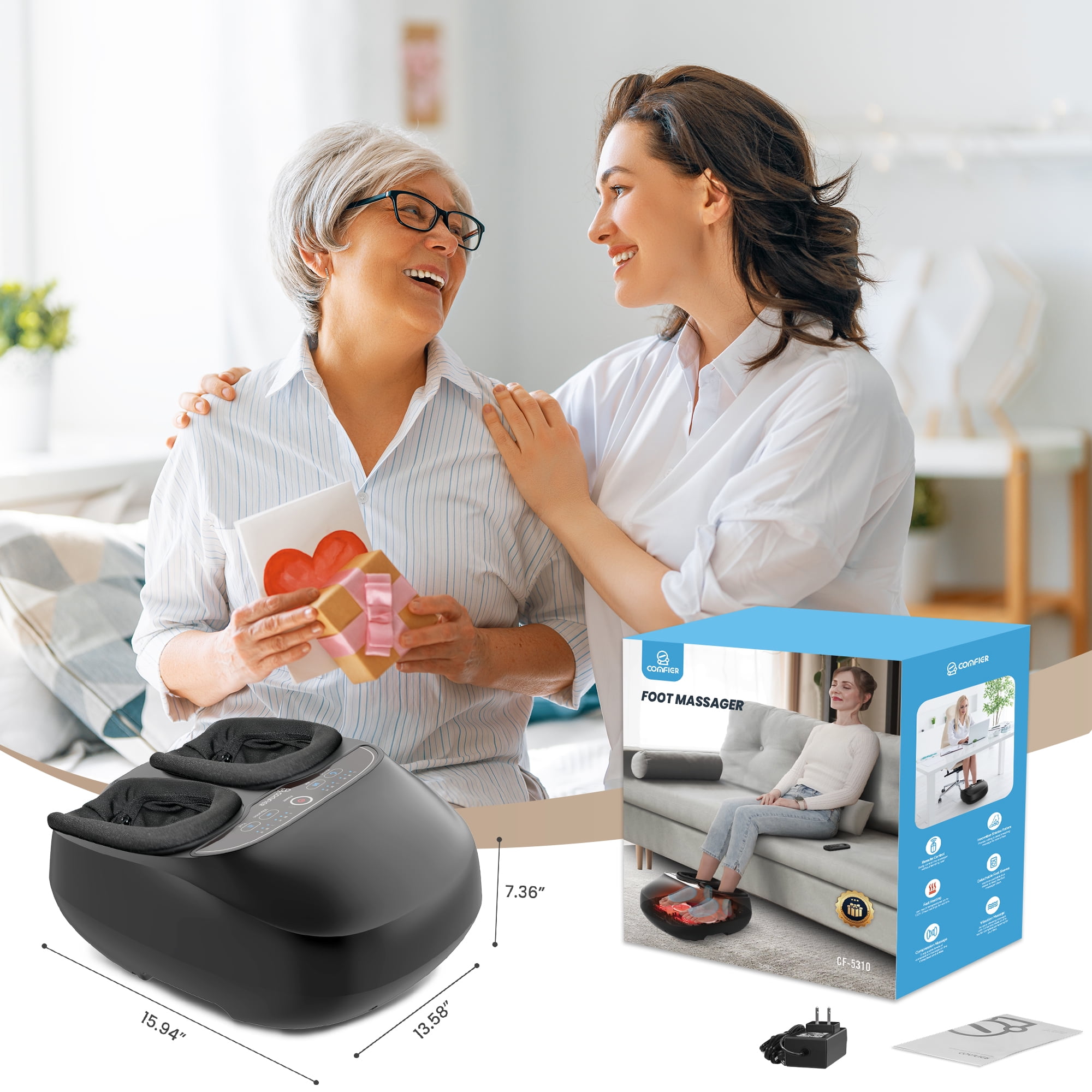 Comfier Shiatsu Foot Massager with Heat for Tired Foot Blood Circulation up to size 13, Black,Gift