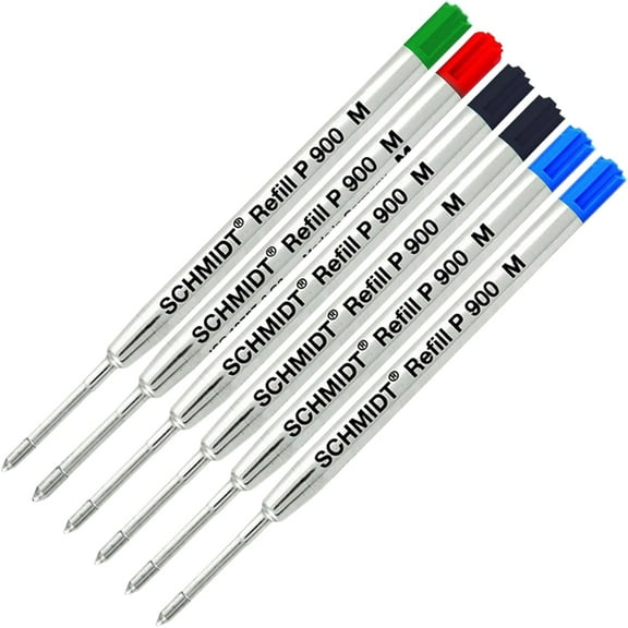 Schmidt P900 Black, Blue, Green, Red Parker Style Ballpoint Refill, Medium Tip 0.7mm - Pack of 6