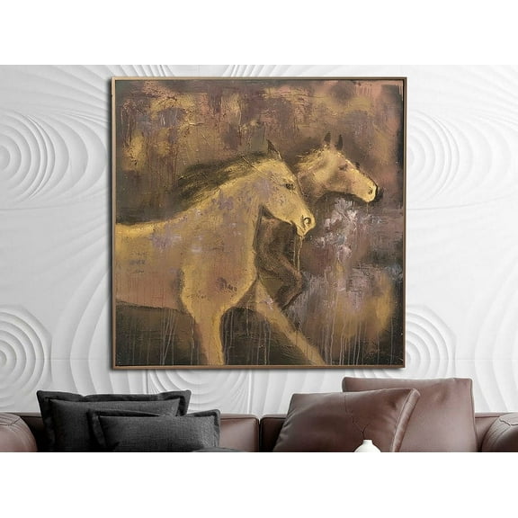 46x46" Brown Horses Painting Modern Impressionist Art Luxury Painting Abstract Animal Painting Textured Wall Art for Fireplace Decor