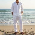 thumbnail image 4 of Ohufall Cotton Linen Sets for Men Solid Color Button Long Sleeve Pockets Vacation Casual Shirts with Pants Outdoor Sets, 4 of 7