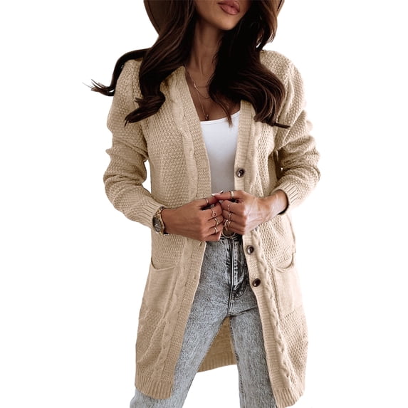 MURMUREY Womens Long Sleeve Cable Knit Cardigan Sweaters Open Front Button Casual Loose Fit Sweater Outerwear with Pockets