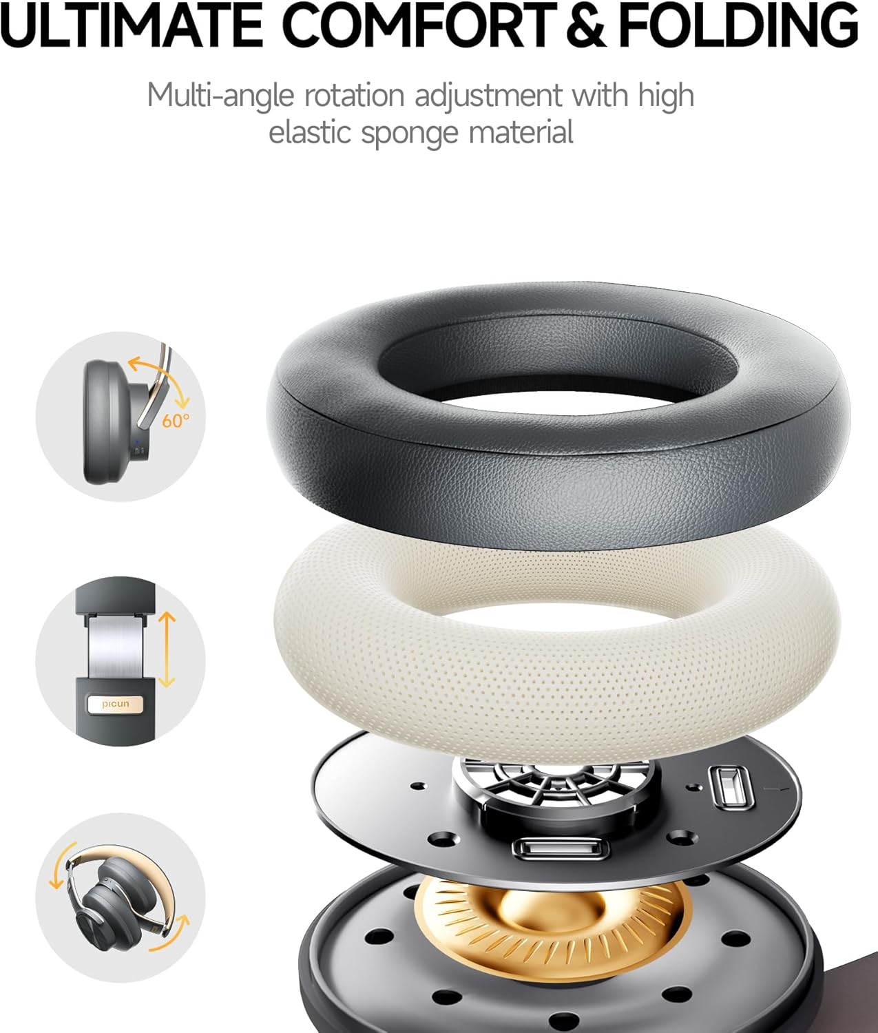 Picun B8 Bluetooth Headphones, 120 Hours Headphone Wireless Bluetooth, Hands-Free Calls, 3EQ & Game Mode, Foldable Headphones Over Ear for Travel Home Office Cellphone PC Ashen Golden