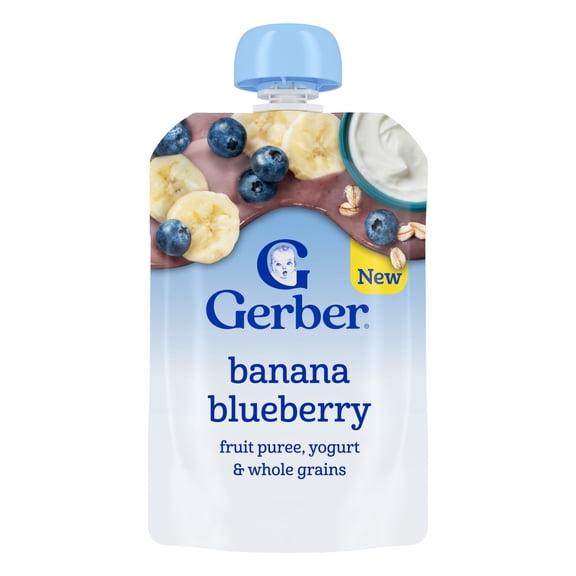 Gerber Toddler Food, Banana Blueberry, Fruit Puree, Yogurt & Whole Grains Pouches 3.5 oz