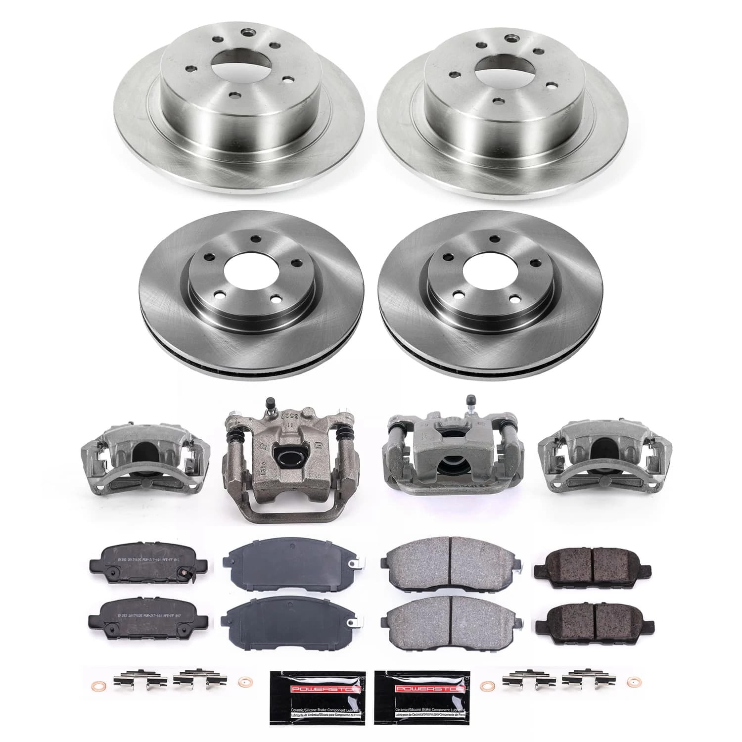 PowerStop Front and Rear Stock Replacement Brake Pad and Rotor Kit with Calipers Fits: NISSAN Select Models KCOE8359