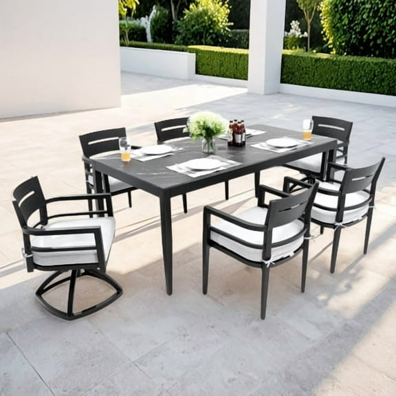 taoruifang 7-Piece Modern Outdoor Patio Dining Set, Aluminum Frame, Sintered Stone Top, 4 Chairs & 2 Swivel Rockers with Sunbrella Cushions