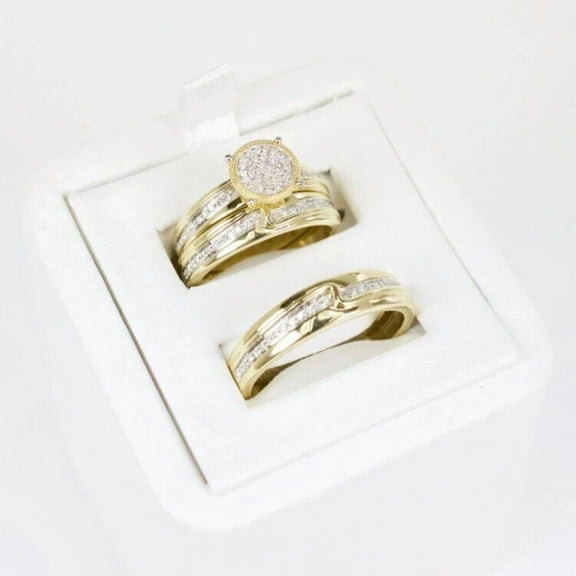 Bluebell Jewels 14K Yellow Gold Finish Silver Round Cut CZ Women's & Men's Trio Ring Set