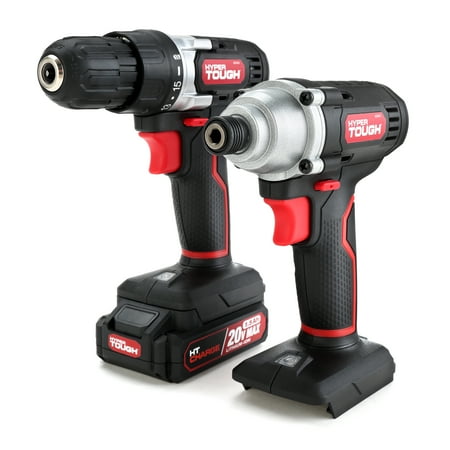 

Hyper Tough 20V Max (2-Tool Set) 3/8 inch Cordless Drill & 1/4 inch Impact Driver Combo Kit with 1.5Ah Lithium-Ion Battery Charger Bit Holders & LED Lights