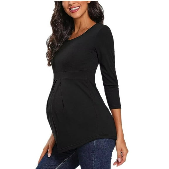 Maternity Shirts 2024 Summer Women's Solid 3/4 Sleeve Round Neck Ruched Casual Maternity Tops Pregnant Clothes for Women