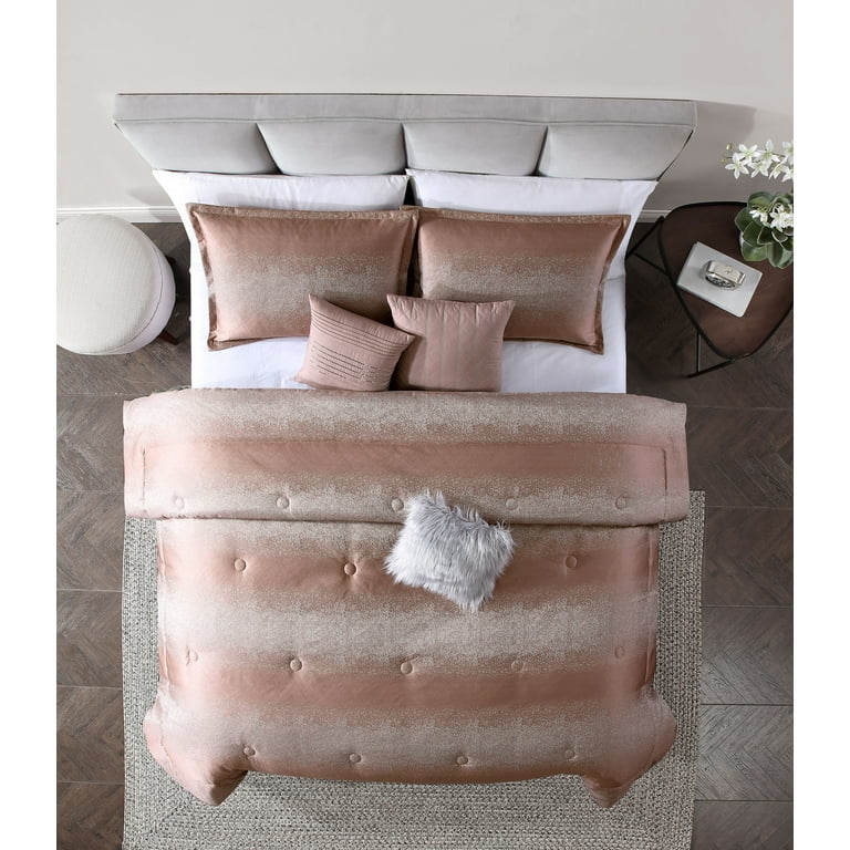 Mainstays 7 Piece Metallic Stripe Jacquard Comforter Set Rose and