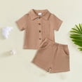 thumbnail image 2 of felwors Toddler Baby Boys Clothes Ribbed Button-Down Shirt Tops + Shorts Pocket Outfit 2 PCS set, 2-3 Years, Khaki, 2 of 3